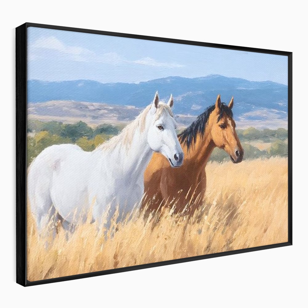 Tablou canvas cu tablou canvas cu doi cai in lan, in rama de aluminiu negru